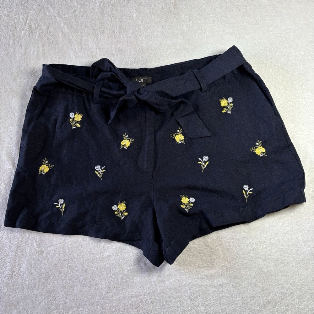Loft Women's Navy And Embroidered Flowers Shorts Size 12 Linen Blend Tie Waits